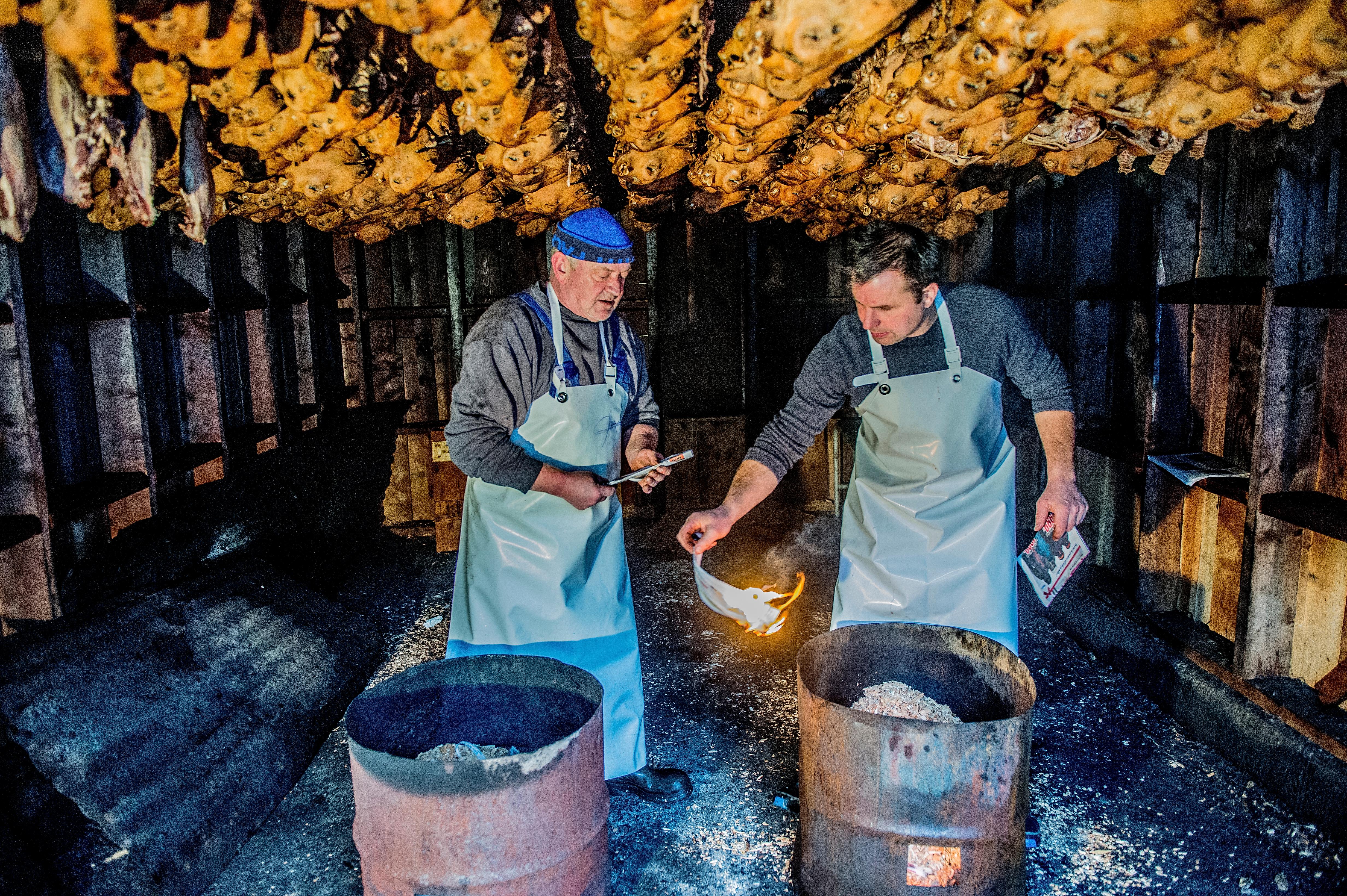 Two men under rows of smalahove sheep heads at Smalahovetunet in Voss, Fjord Norway