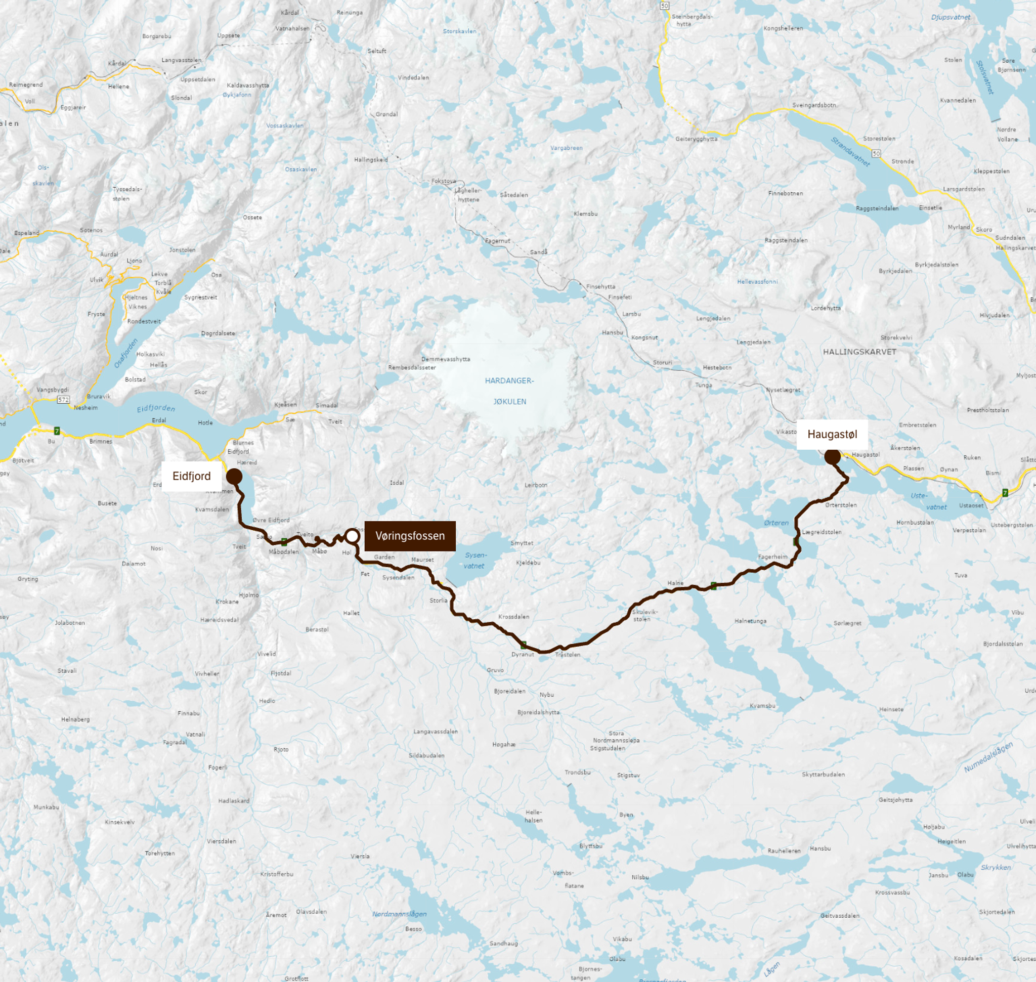 A map of the Scenic Route Hardangervidda