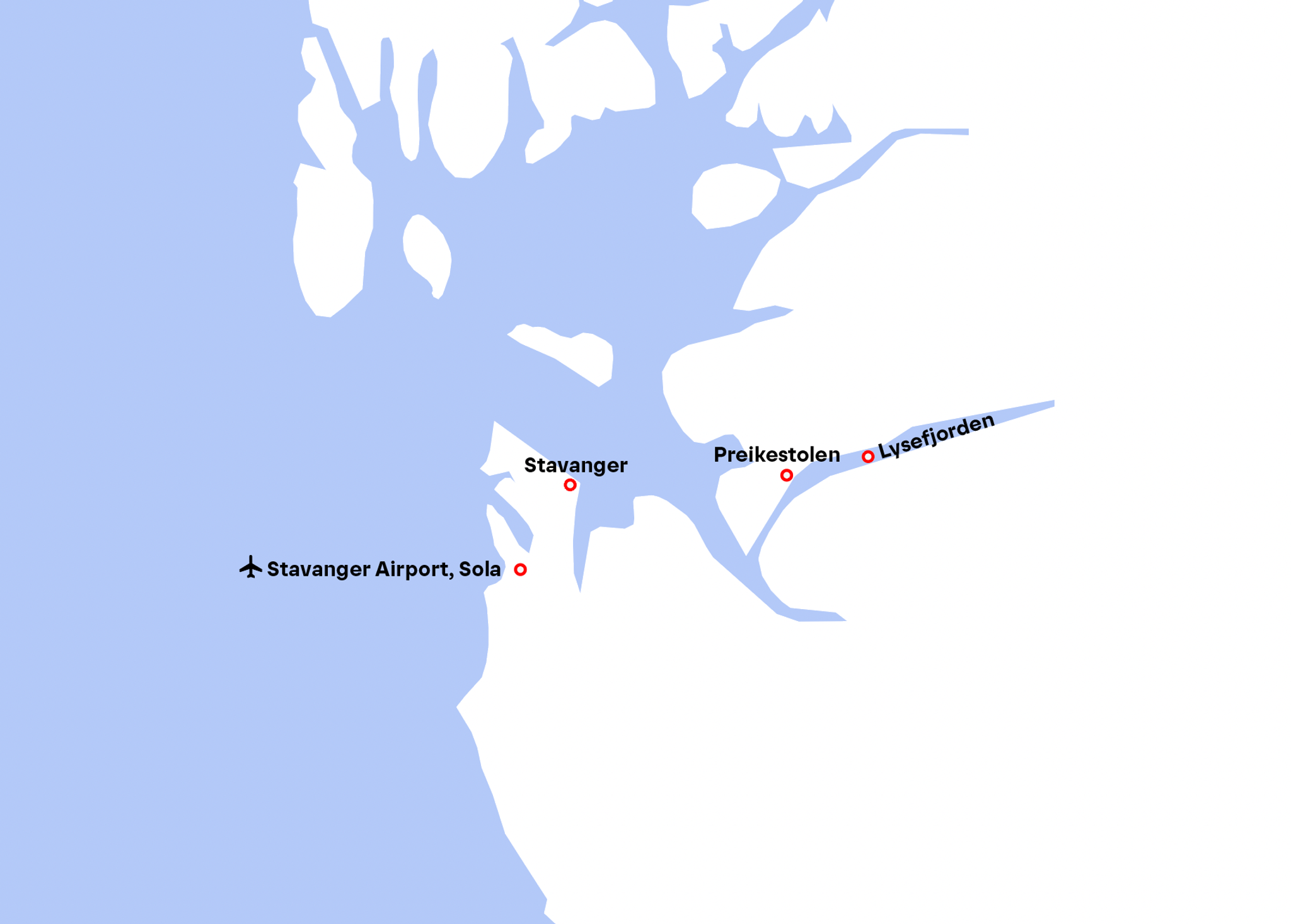 Map showing Stavanger, Stavanger Airport, Sola, Preikestolen, Lysefjorden