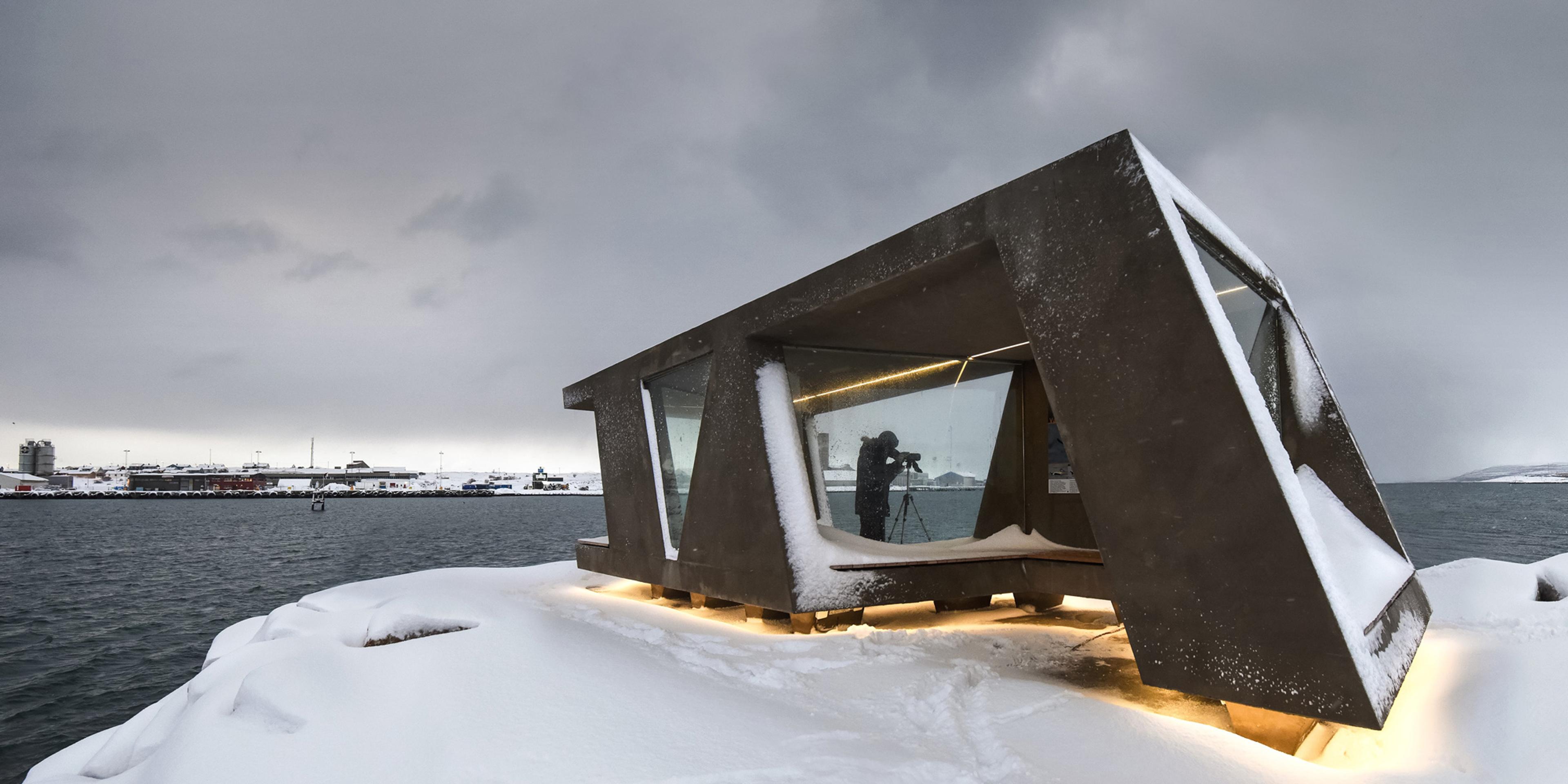 Bird hide in the snowy landscape of Vadsø in Finnmark, Northern Norway