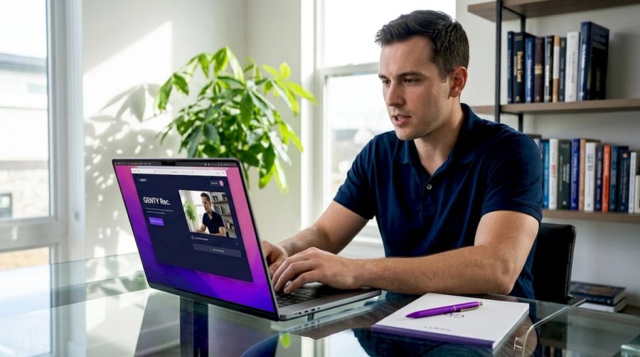 Candidate takes remote video interview at kitchen table