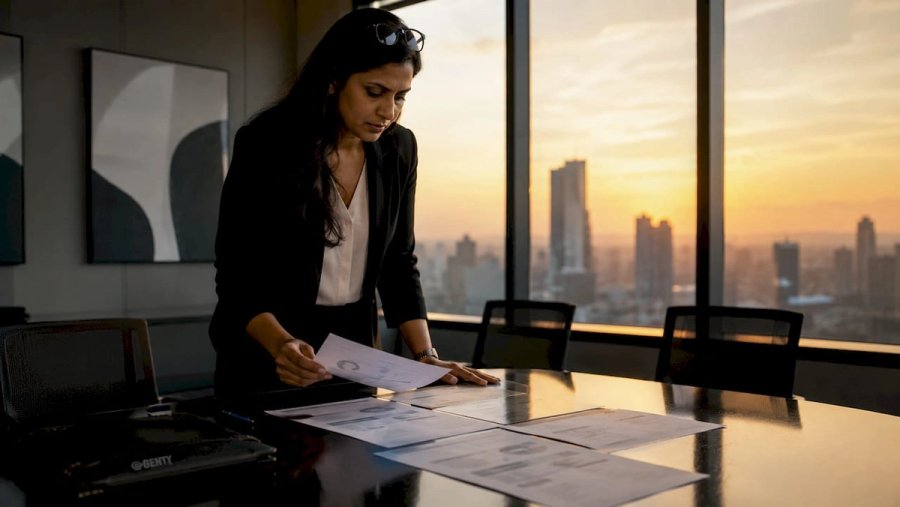 Recruiter reviewing competency assessments at office desk