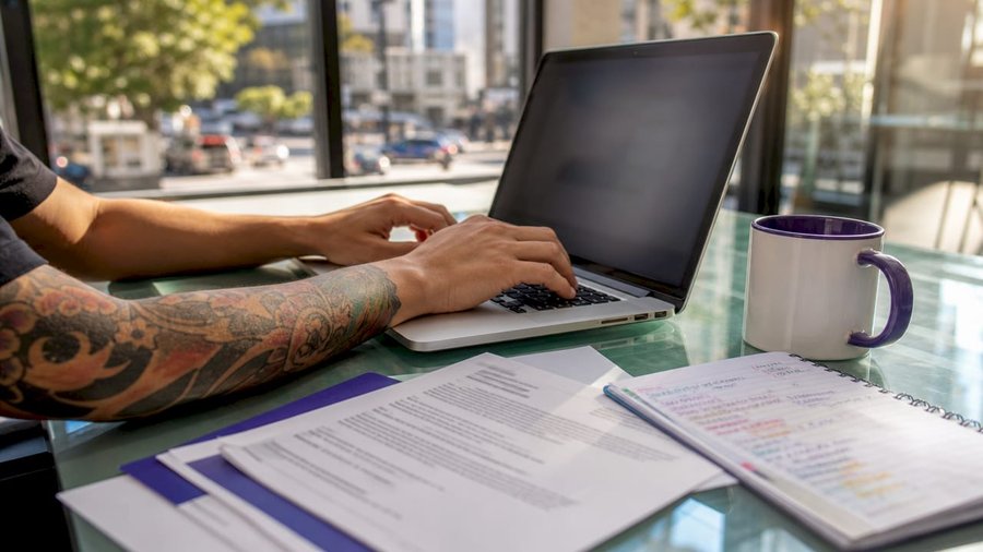 Hands typing job posting compliance content