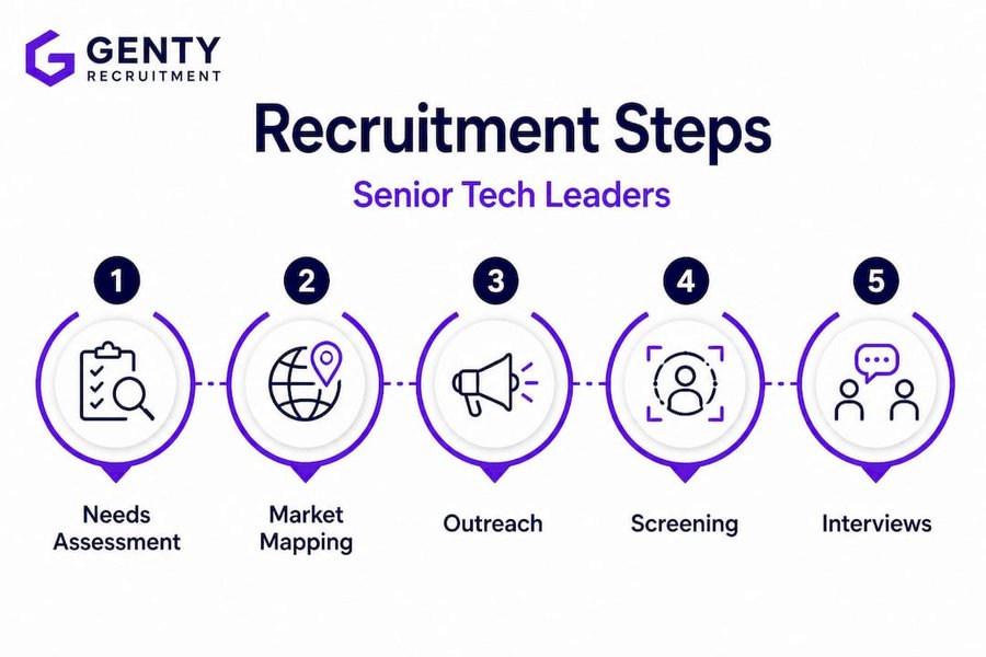 Infographic with five steps: recruiting senior tech leaders