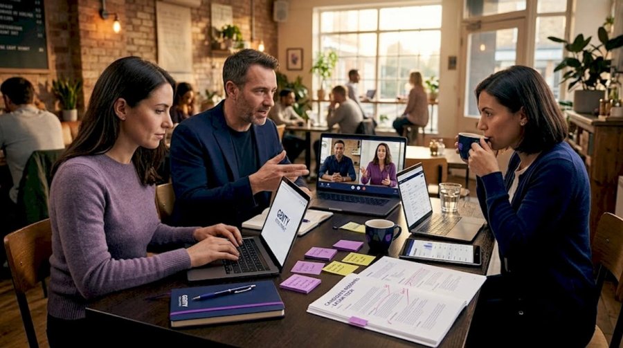 Remote tech hiring team collaborating via laptops