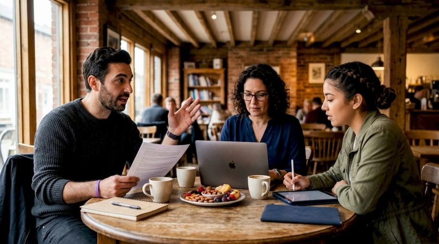 Diverse gig economy workers collaborating in co-working space