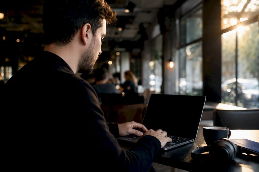 Developer browsing code repository on laptop