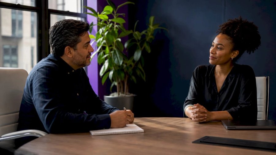Over-shoulder stay interview in tech startup