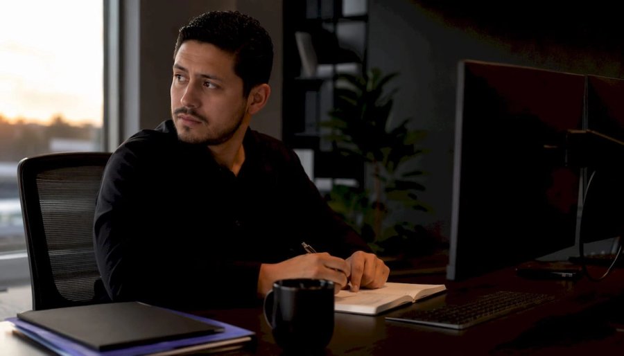 Man managing candidate pipeline in home office