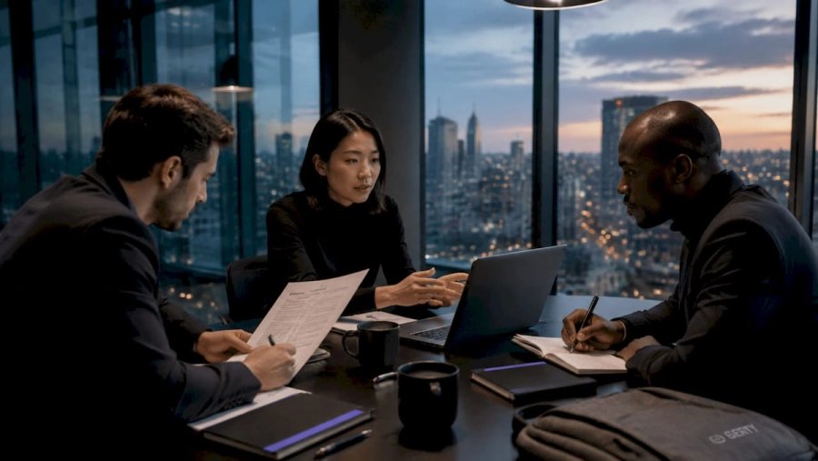 Hiring team reviewing candidate resumes in office