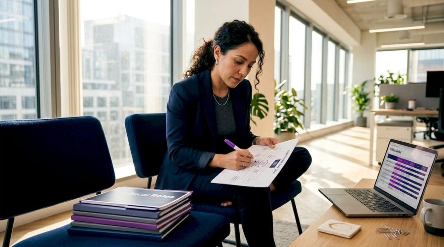 HR leader marking roles on org chart in meeting room
