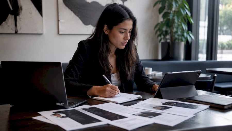 Recruiter reviewing candidate profiles in office