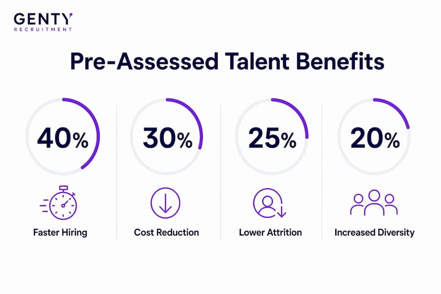 Infographic showing key benefits of pre-assessed talent for startups