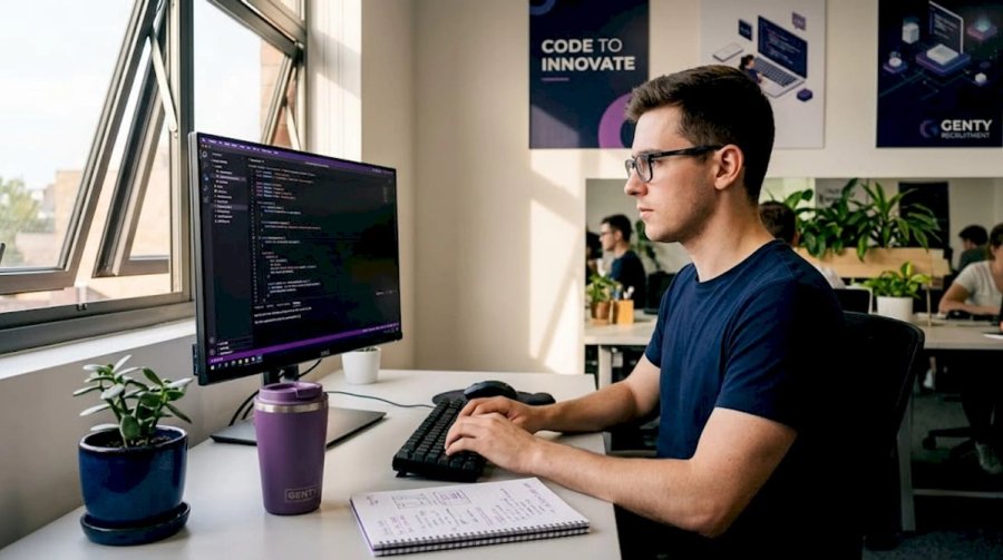 Developer taking coding test at apartment desk