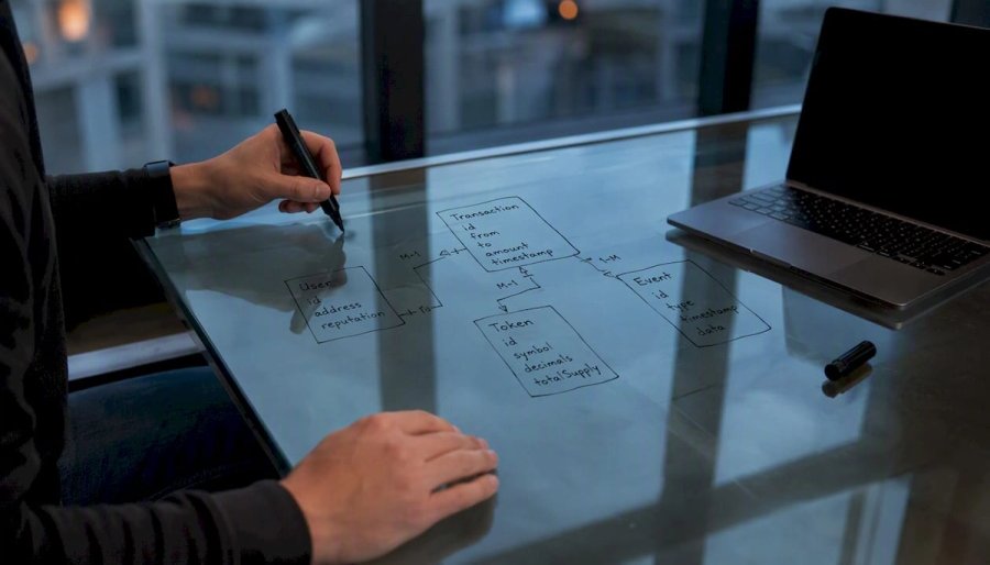 Hands drawing blockchain indexing schema