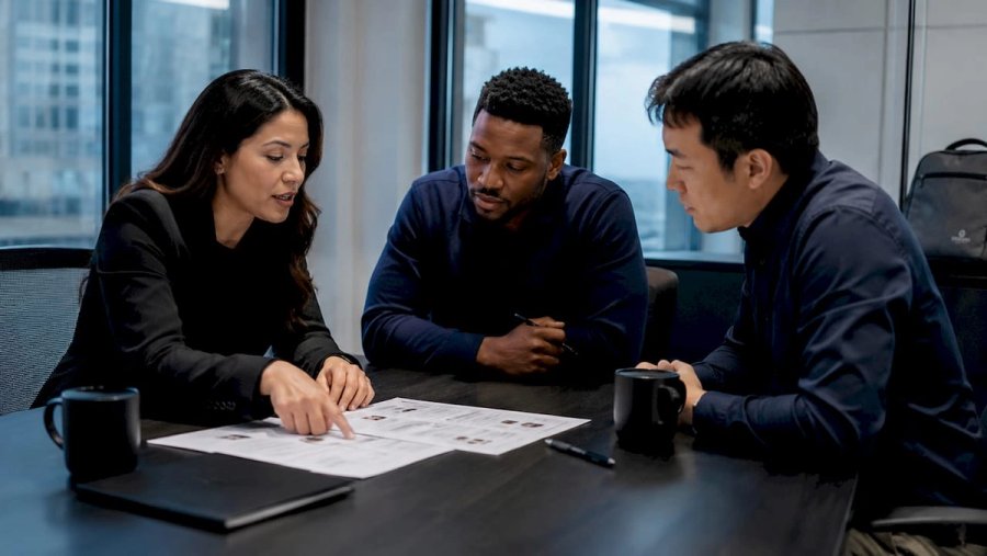 Team discussing leadership hiring roles at meeting table