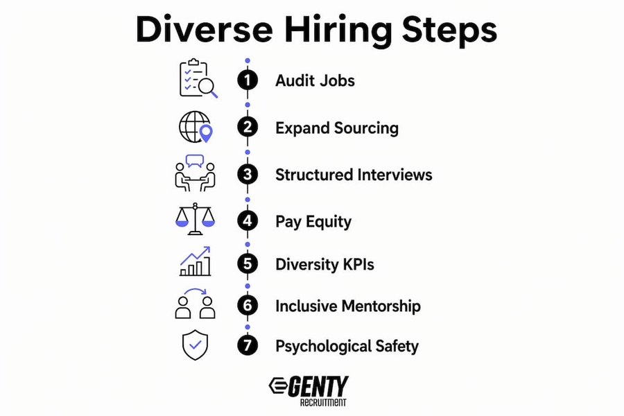 Infographic showing steps to build diverse tech teams