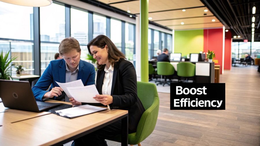 A team of professionals collaborating in a modern office, representing strategic HR partnership.