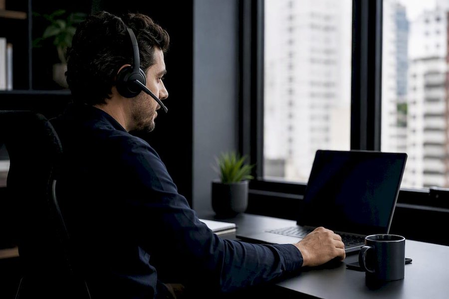 Salesperson making outbound calls in LATAM home office