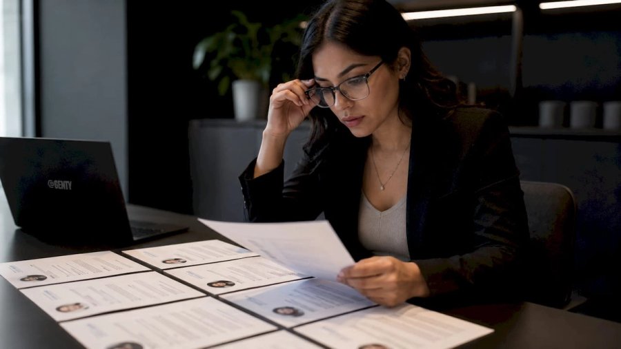 Professional woman reviewing resumes at desk