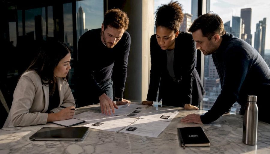 Team reviewing tech candidate resumes in office