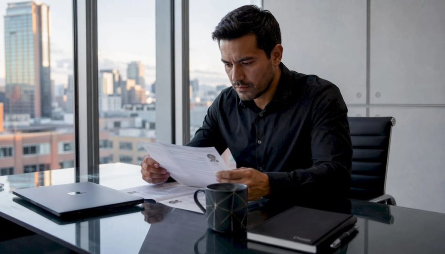 Hiring manager reviewing resumes in office