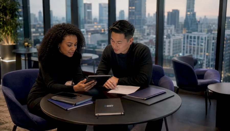 Two recruiters discussing candidates in office
