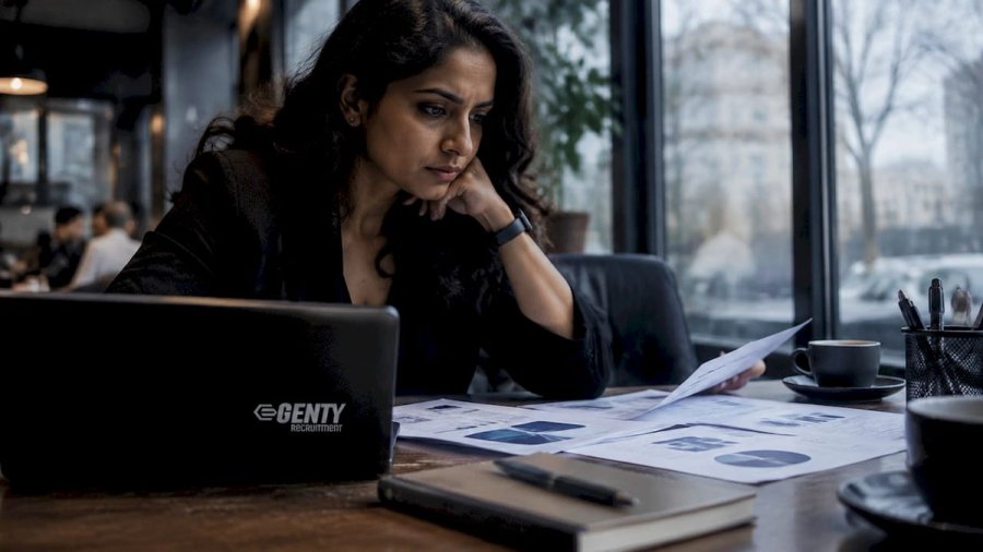 Woman reviewing flexible work setup charts