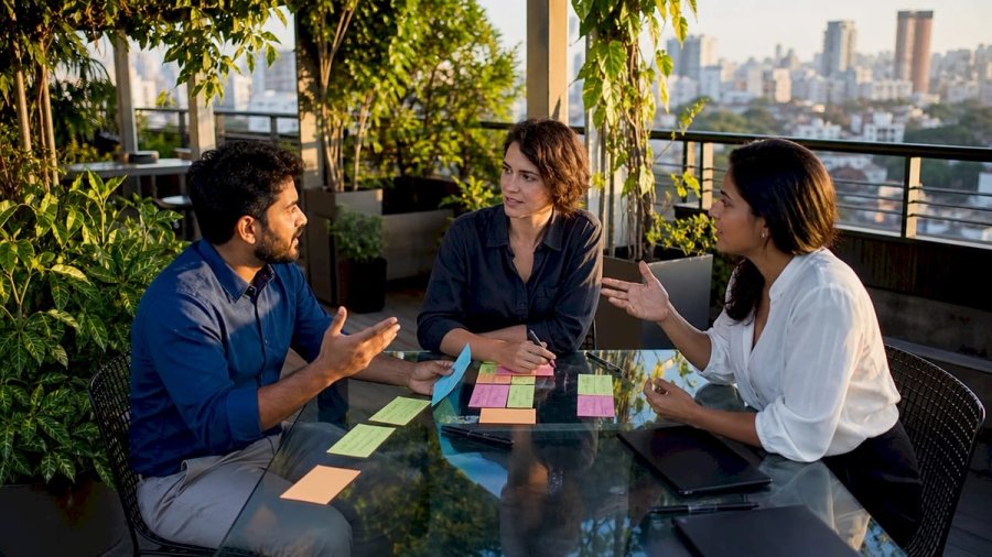 Team discussing culture add in hiring meeting room