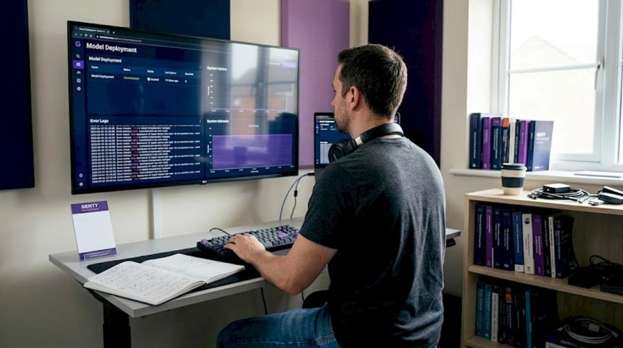 Engineer monitoring AI and system deployment from home