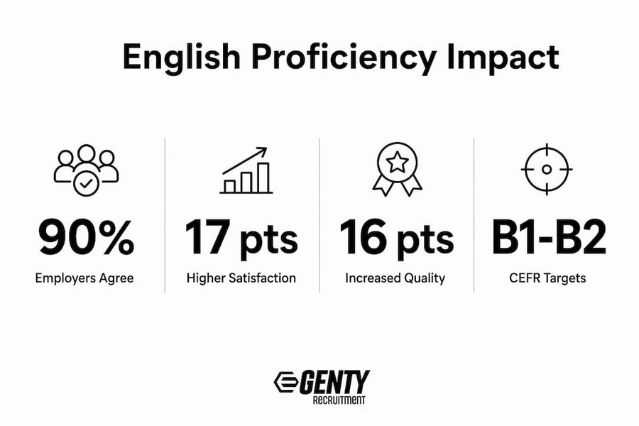 Infographic showing English proficiency impact stats