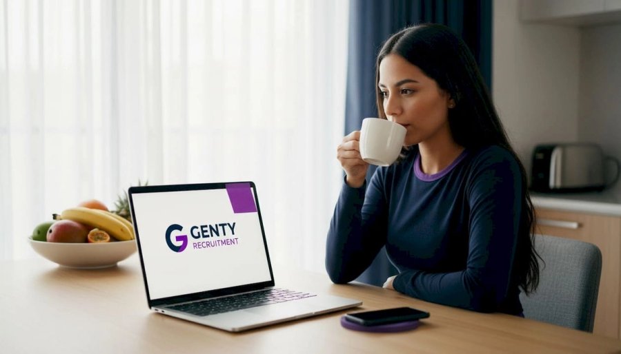 Developer in home kitchen on remote video interview