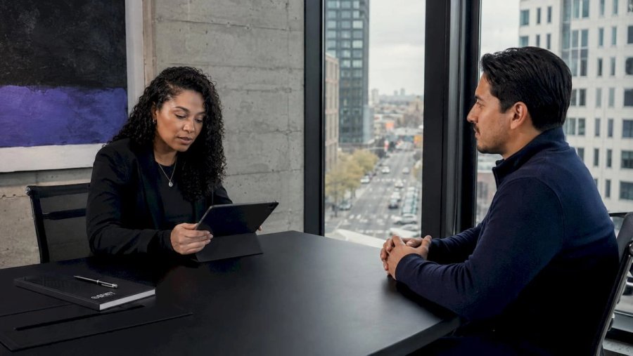 Interviewer scoring candidate in office