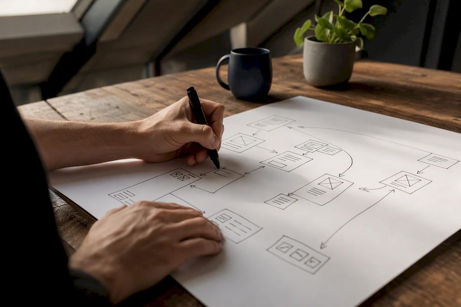 Hands sketching user flow on paper