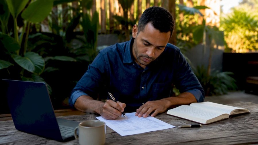 Hands making notes on hiring scorecard at home office desk