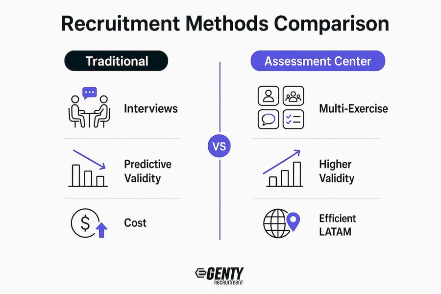 Infographic comparing traditional and assessment center recruitment methods