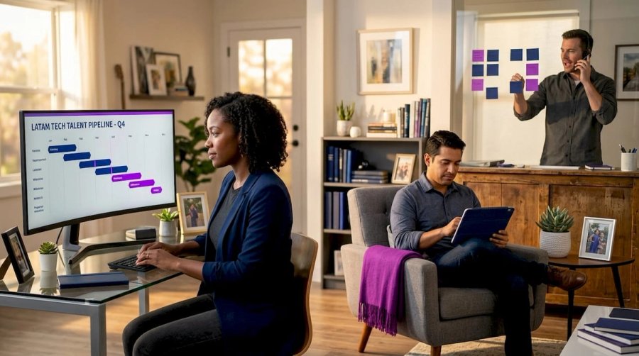 Remote workers collaborating from home offices