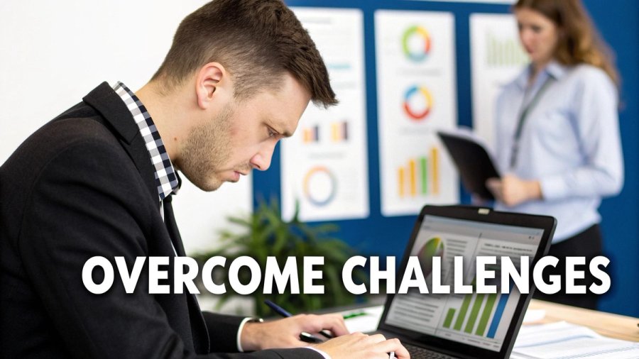 A professional guiding another through a seamless data transition on a computer screen.