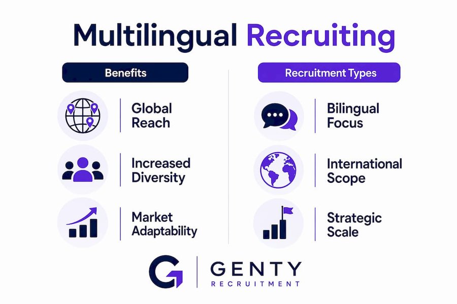 Infographic comparing benefits and types of multilingual recruiting