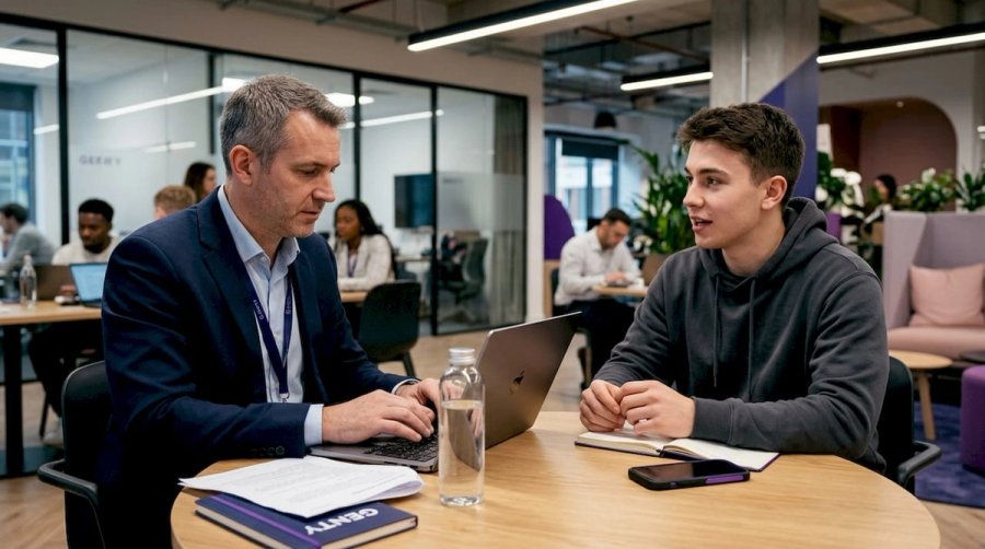 Recruiter interviewing candidate in coworking lounge