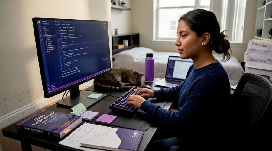 Woman coding at home desk with cat and notes