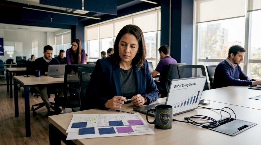Latin American tech leader reviewing salary