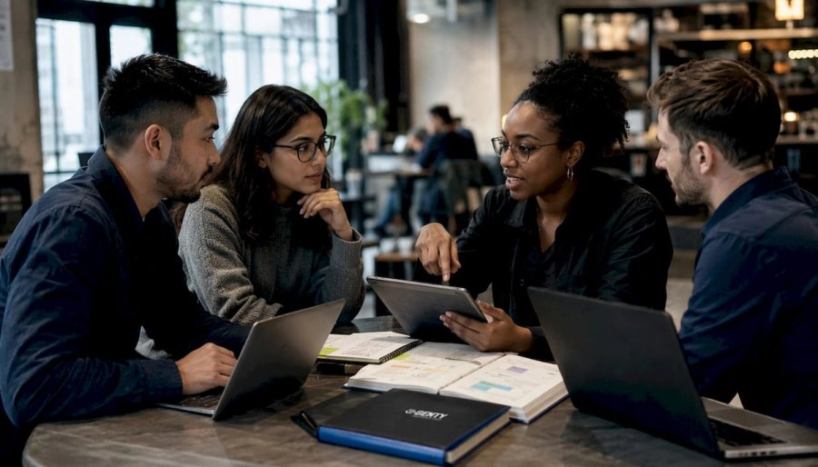 Diverse engineers collaborating in meeting