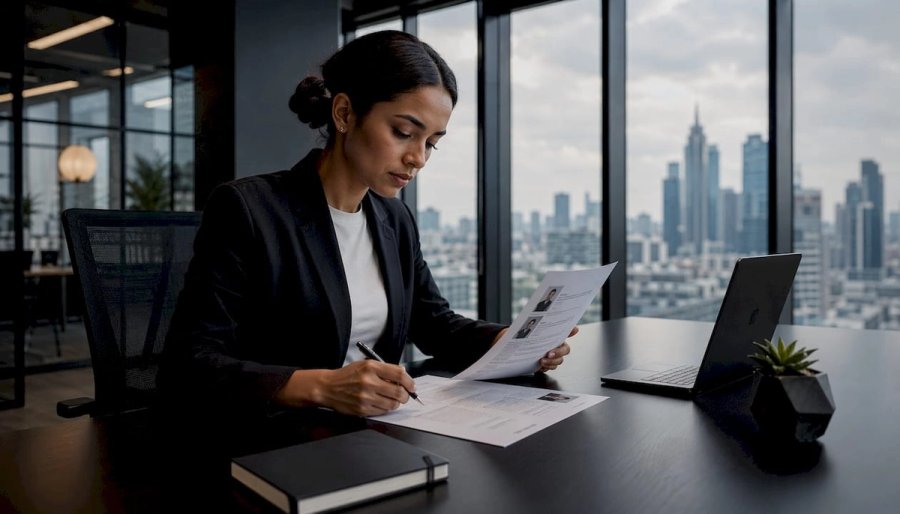 HR professional reviewing candidate papers