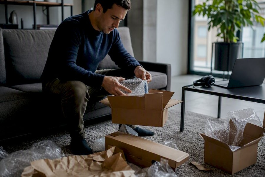 Hands unpacking remote work equipment