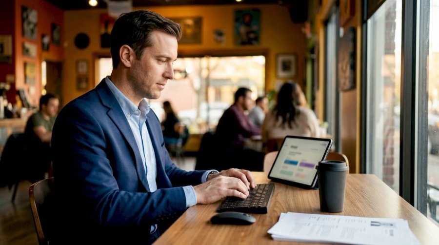 Recruiter typing at standing desk with documents