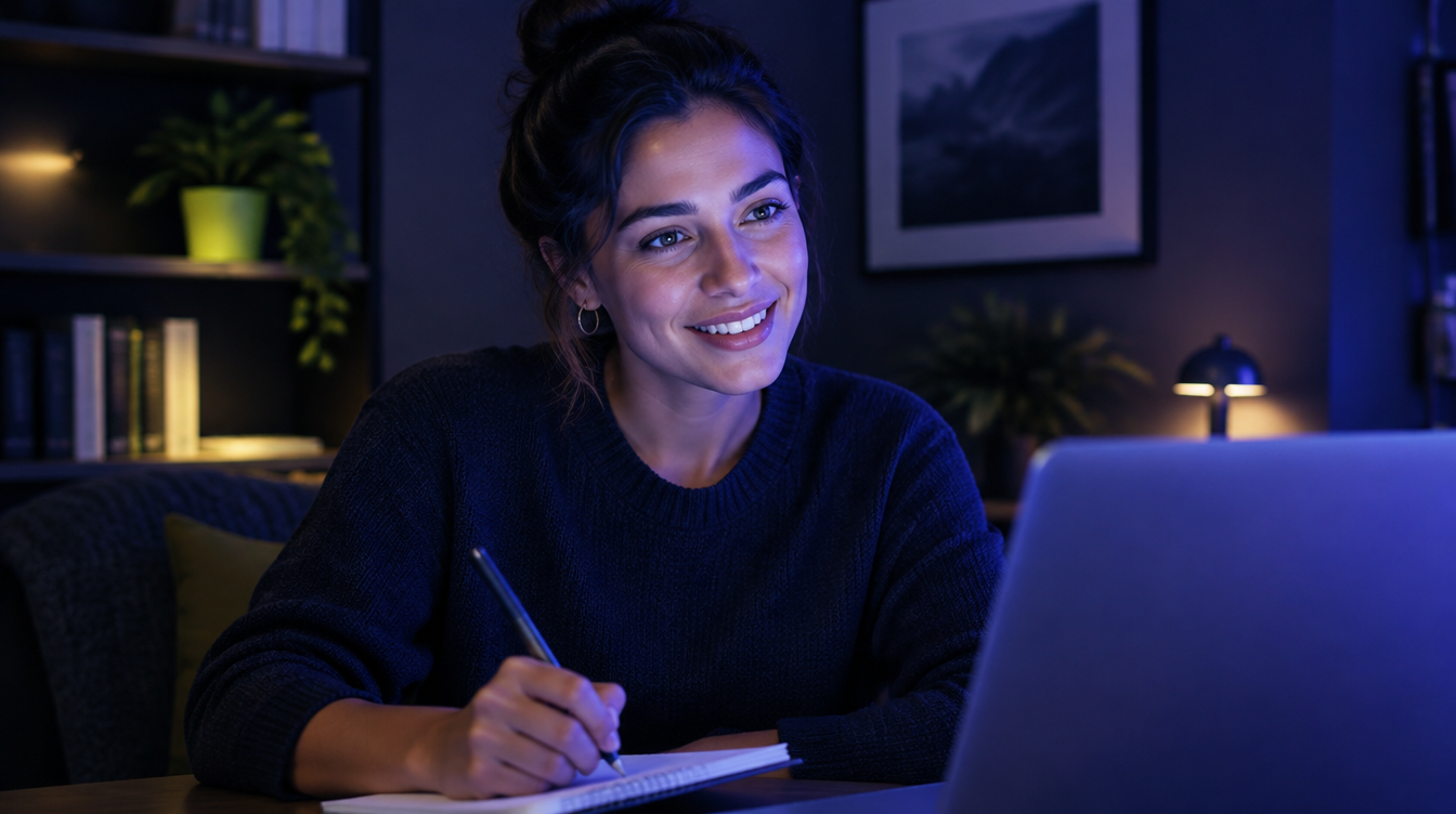 An engaged recruiter on a video call, taking notes while genuinely listening to a candidate.