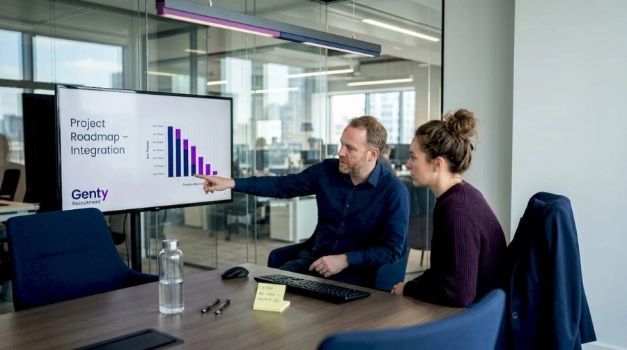 Colleagues review project roadmap in meeting