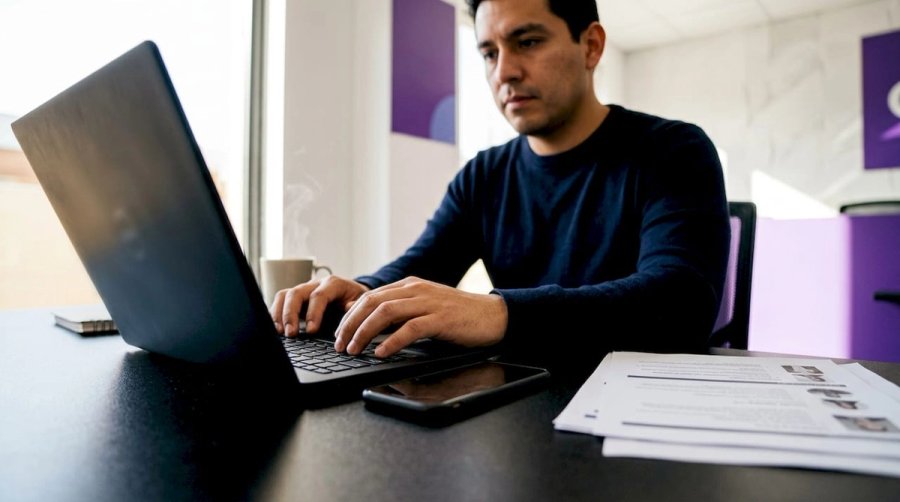 Recruiter hands typing and reviewing candidate profiles