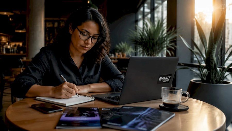 Woman researching remote tech roles at desk
